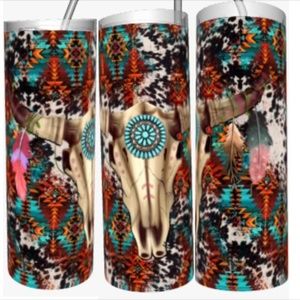Cow Head in Aztec Indian Print 20oz Straight Tumbler with Straw Included